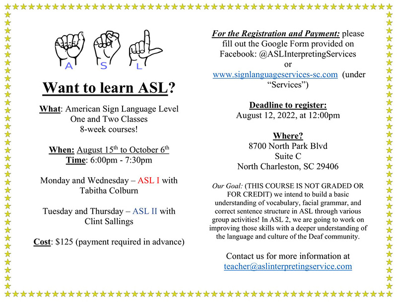 ASL 1 and 2 Classes August 2022